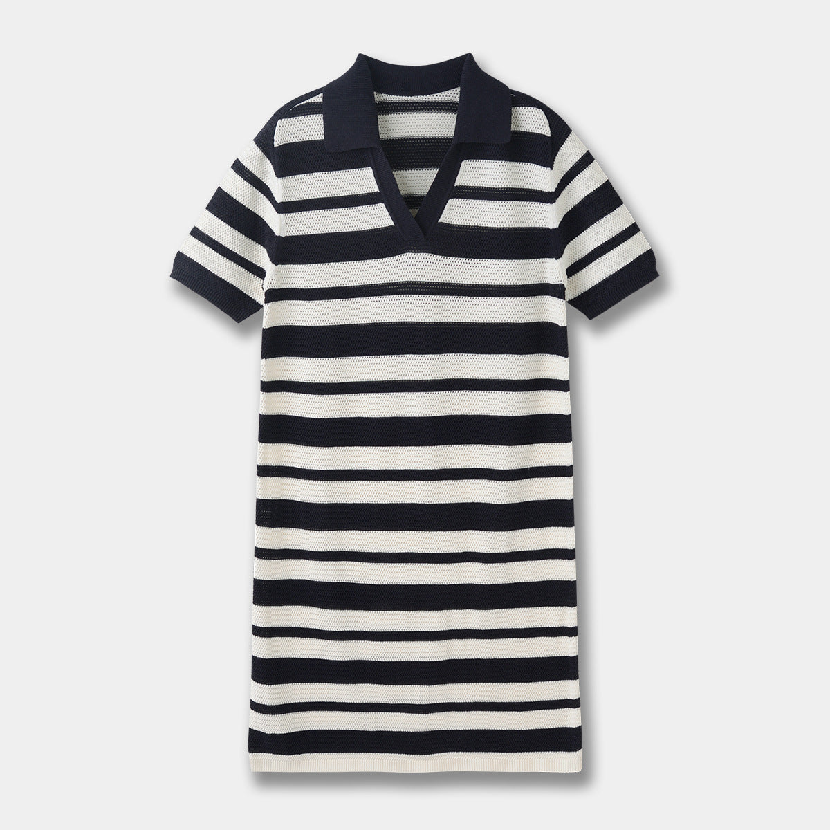 Black And White Striped Hollow-out Blended Knitted Mini Dress Lapel Short Sleeve
