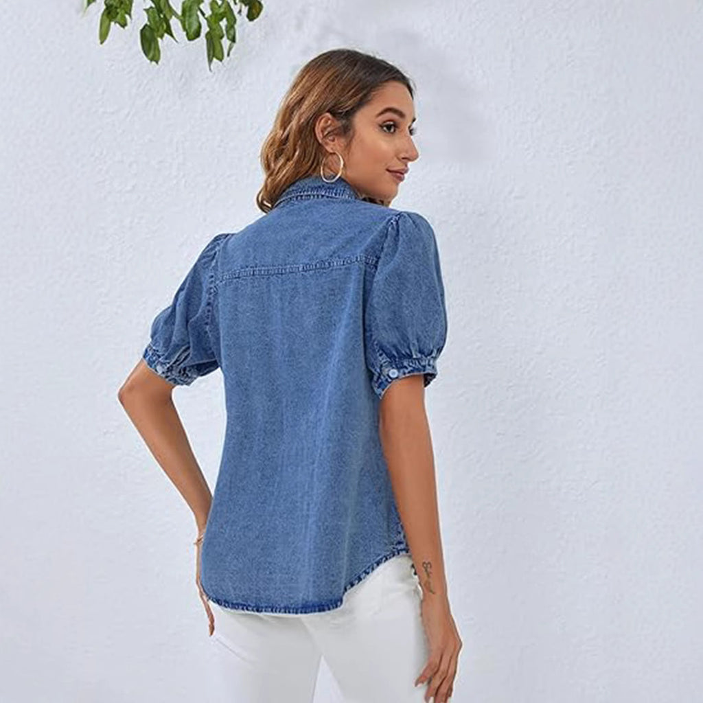 Turn-down Collar Slim-fit Denim Shirtversatile And Casual