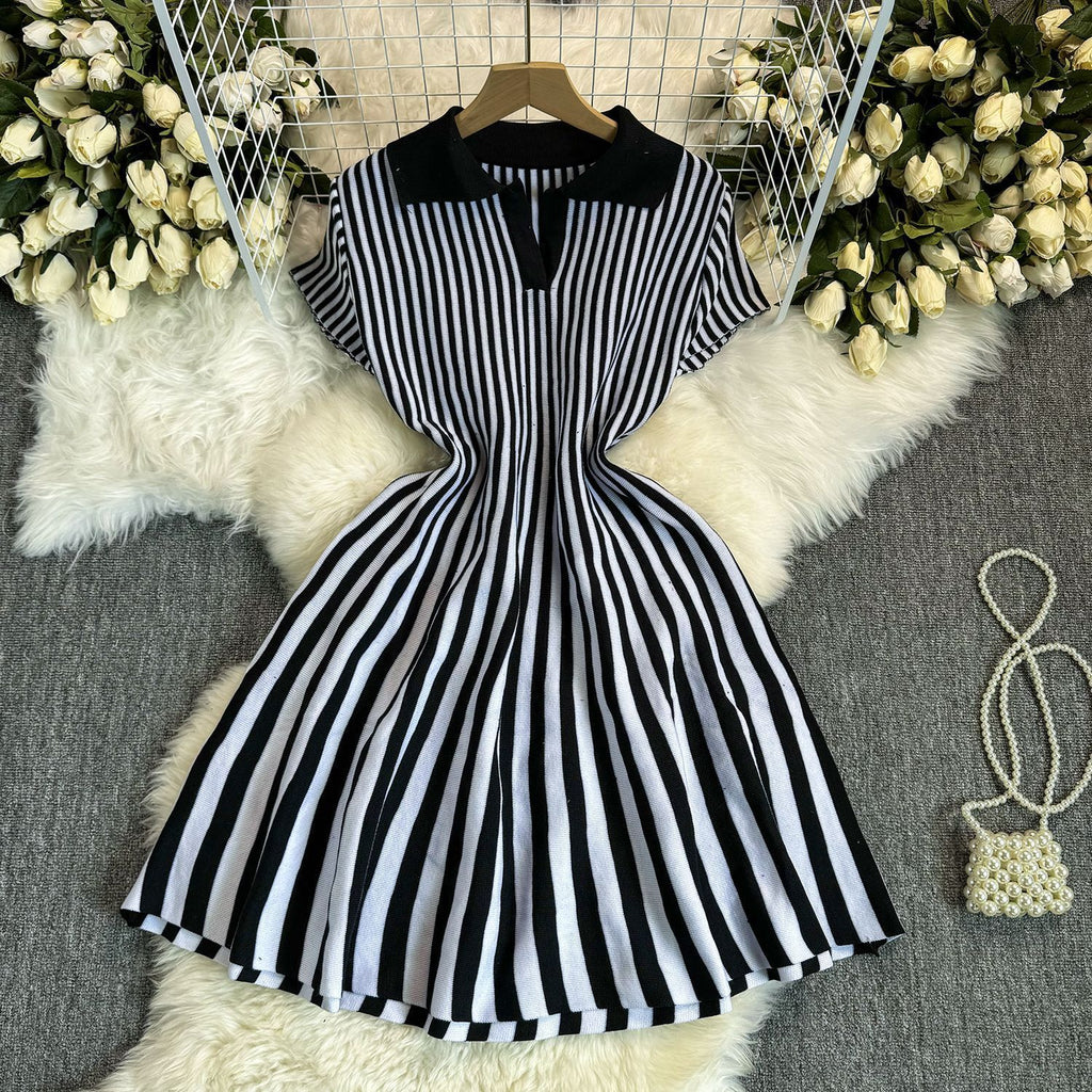 Contrast Color Retro Lapel Short Sleeve Striped Knitted Dress