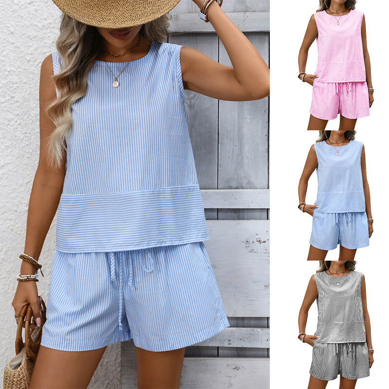 Fashionable Casual Two-Piece Set Crew-Neck Sleeveless Tank Top And Shorts
