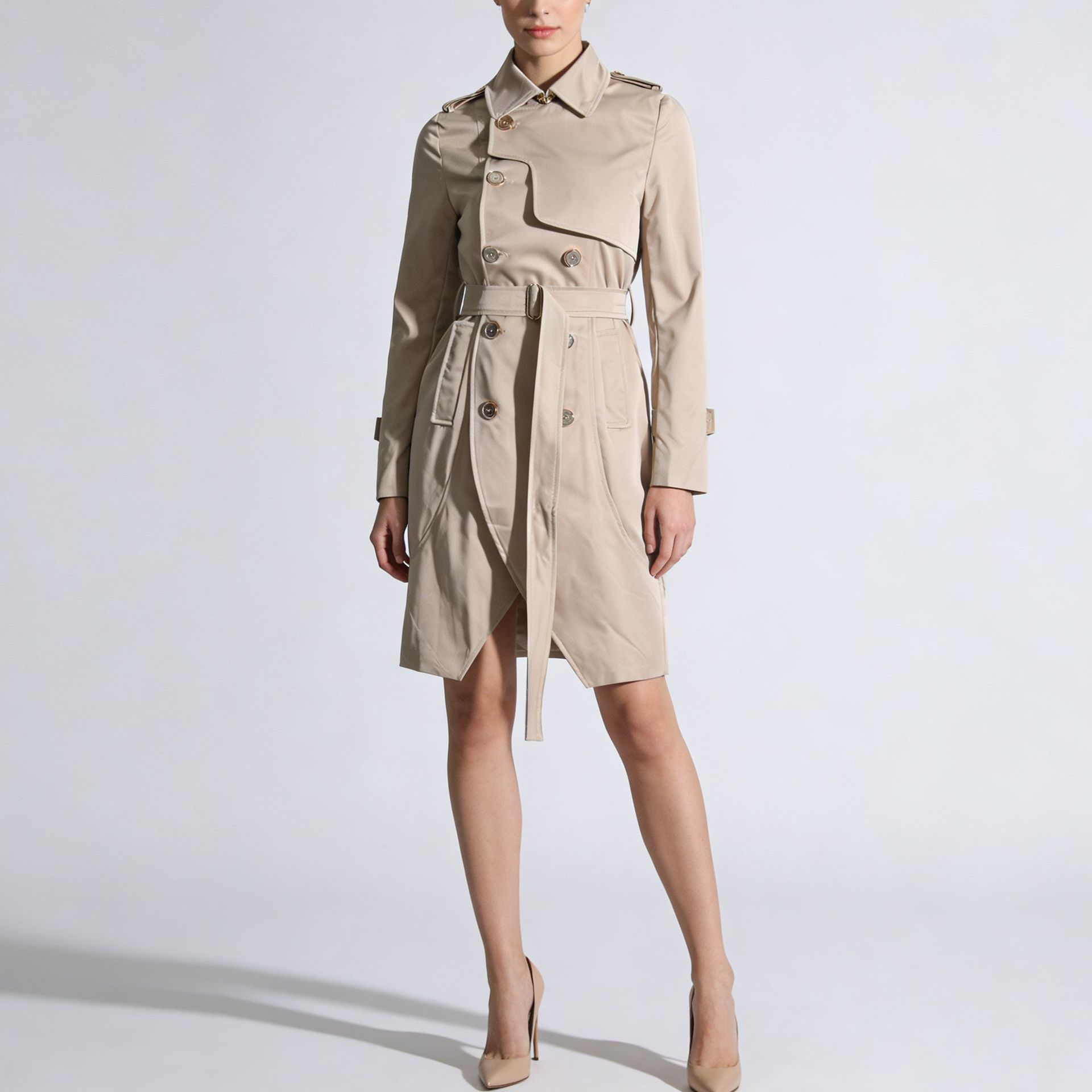 Fashion Solid-Color Long-Sleeve Trench Coat With A Turn-Down Collar And Lace-Up Details