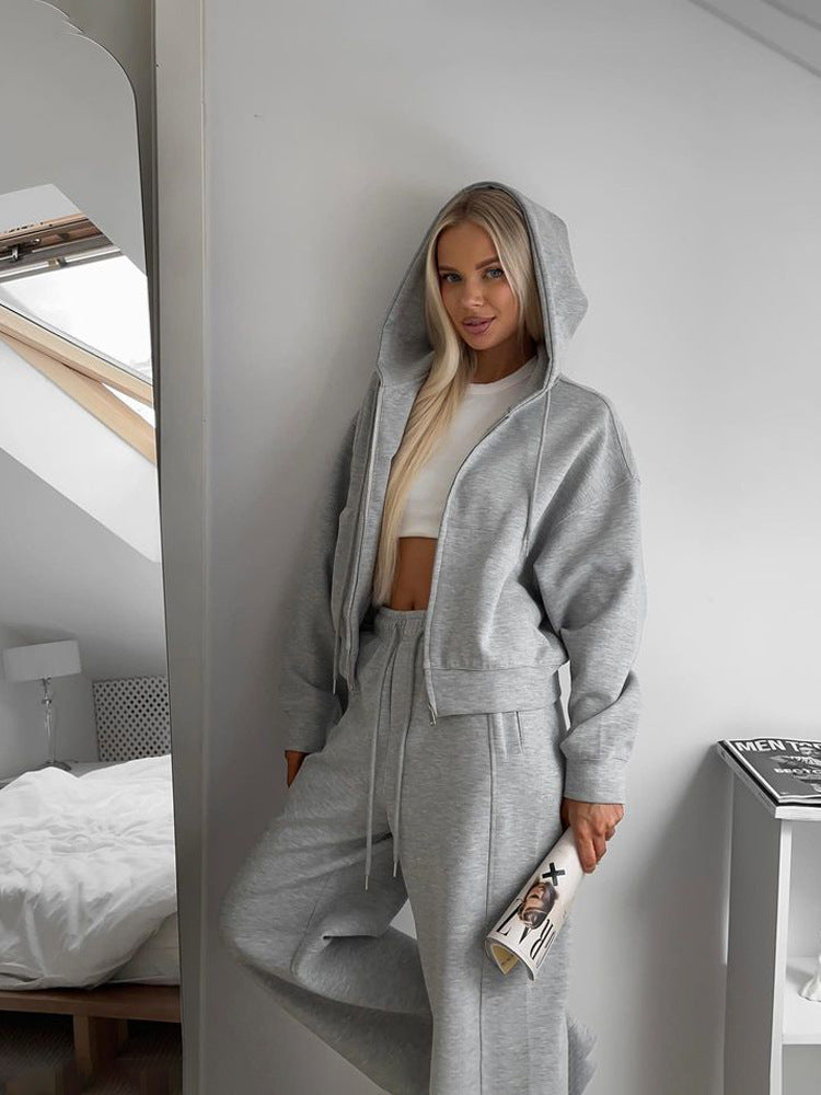 Zipper Hooded Sport Cardigan Lace-up Trousers Two-piece Casual Suit