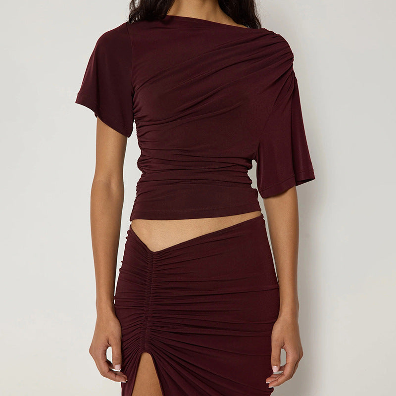 European And American Solid Color Off-neck Pleated Slim Vest T-shirt
