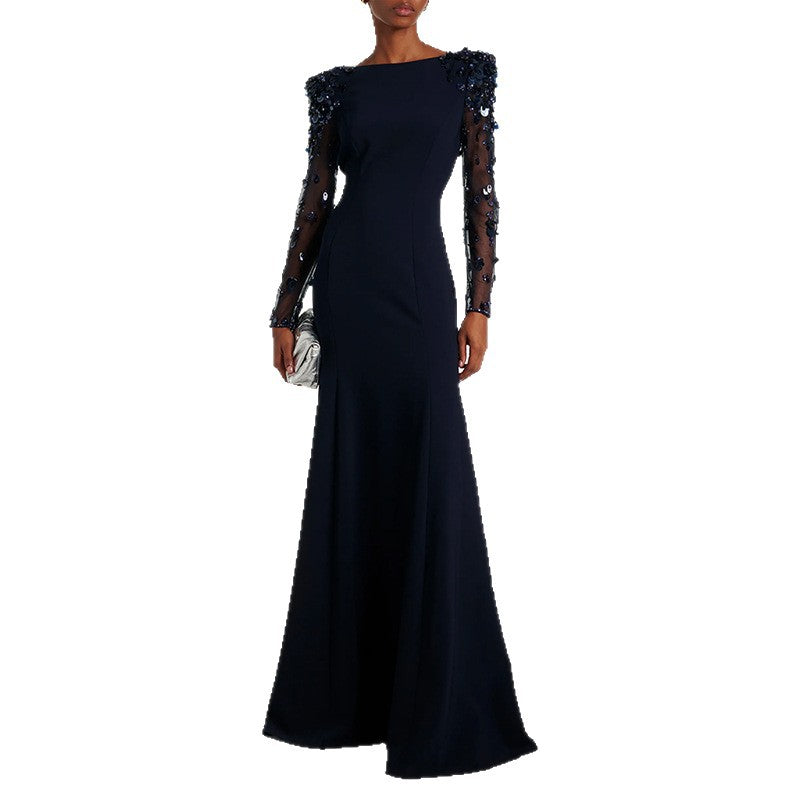 Long Mesh Sleeve Sequin Beaded And Diamond-Embellished Dress