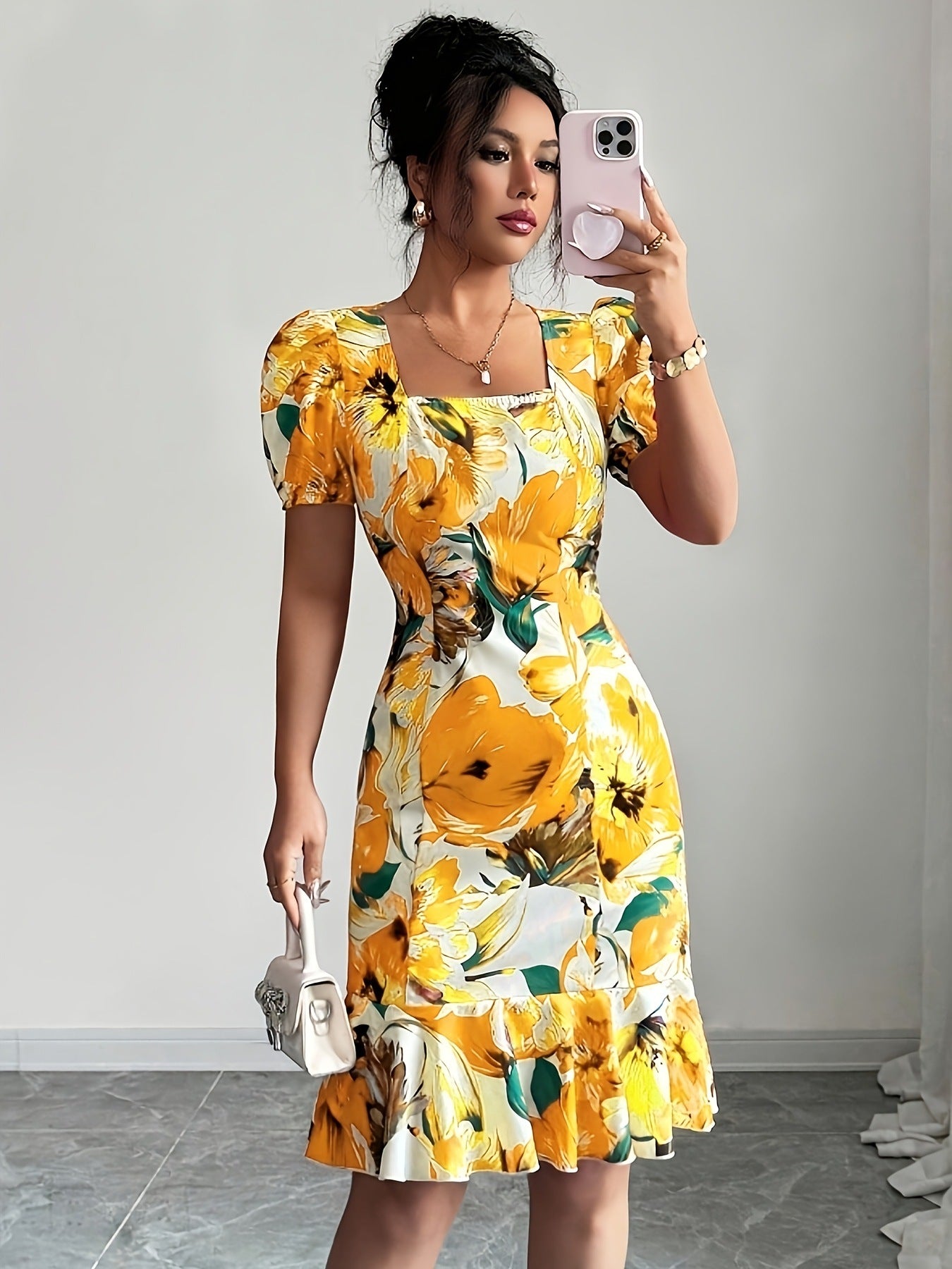 Retro Square-Neck Puff-Sleeve Waist-Cinching Ruffle-Trim Dress