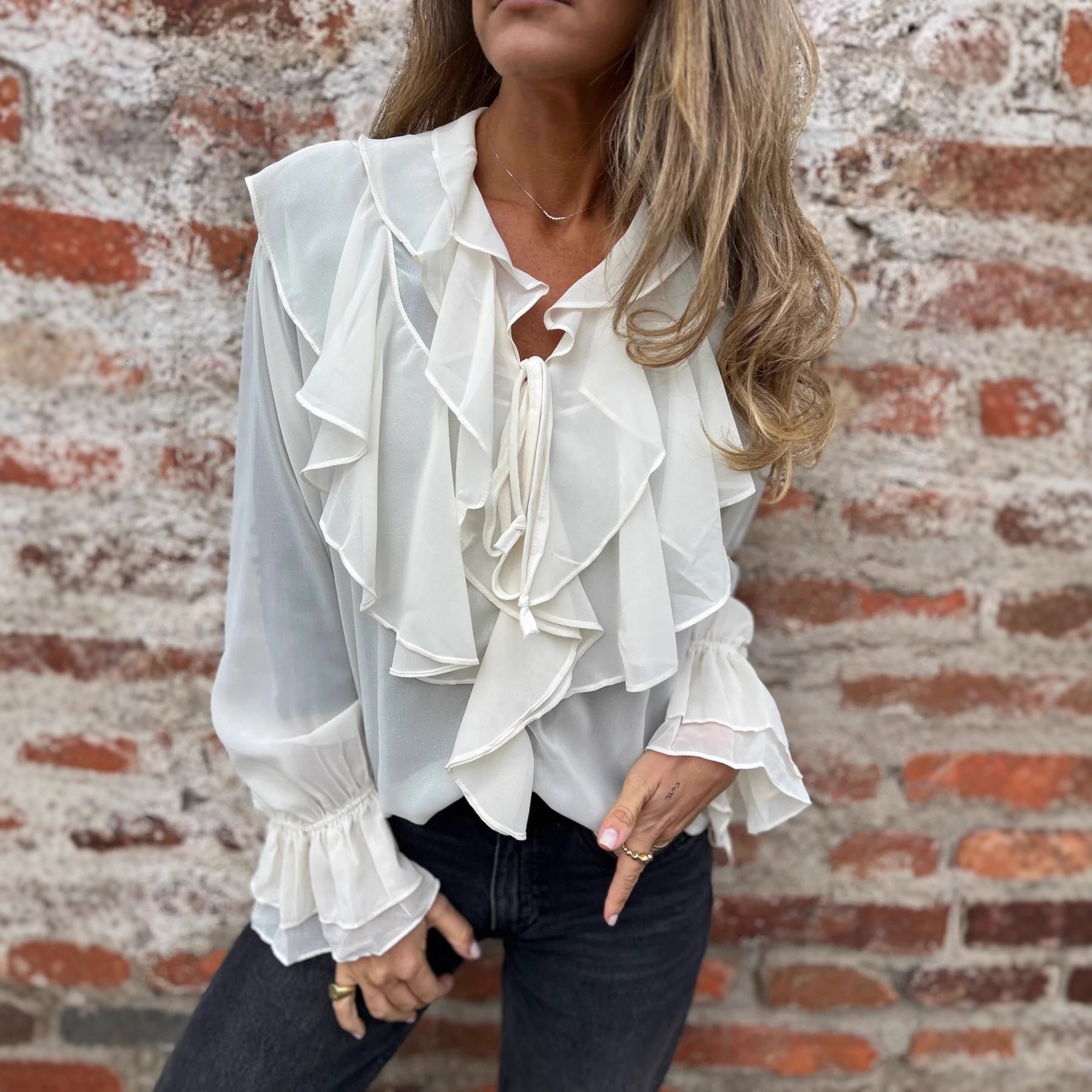 Ruffled Flared-sleeve Chiffon Blouse Top