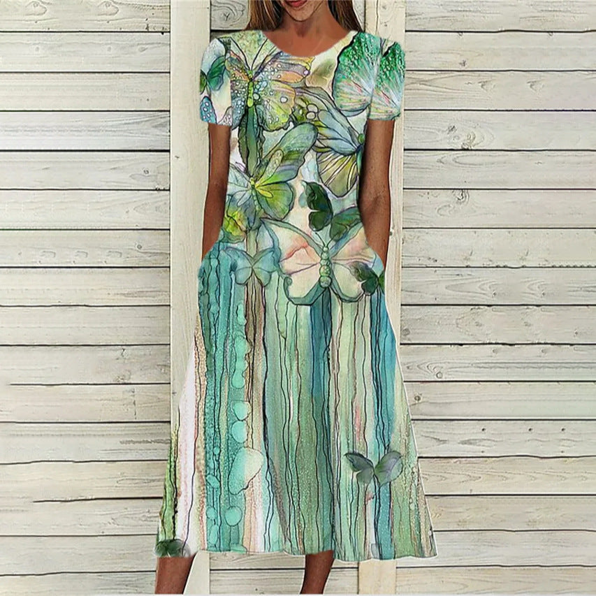 Floral Print Round Neck Short Sleeve Pocket Dress