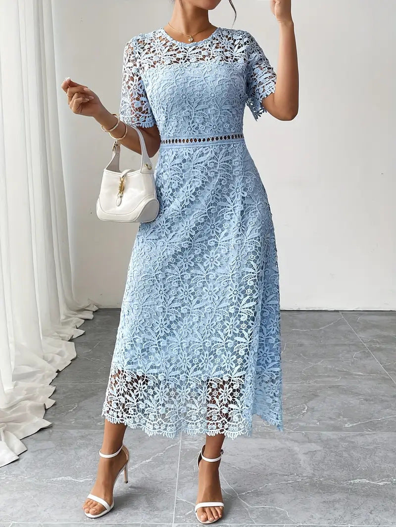 Round Neck Water Soluble Lace Short Sleeve Hollow Lace Elegant Long Dress
