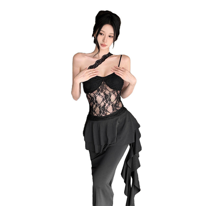 Sexy Lace Cutout Vest Design Ruffled Skirt Two-piece Set