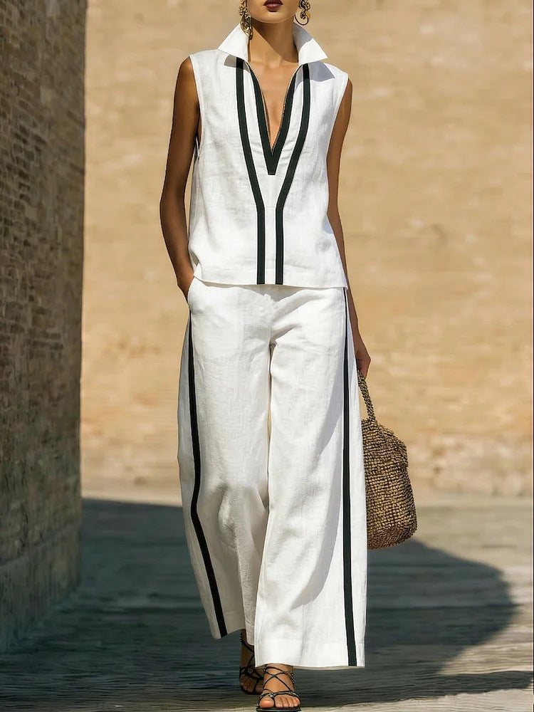 Contrasting-Color Sleeveless Single-Breasted Vest And Drawstring Pants Set