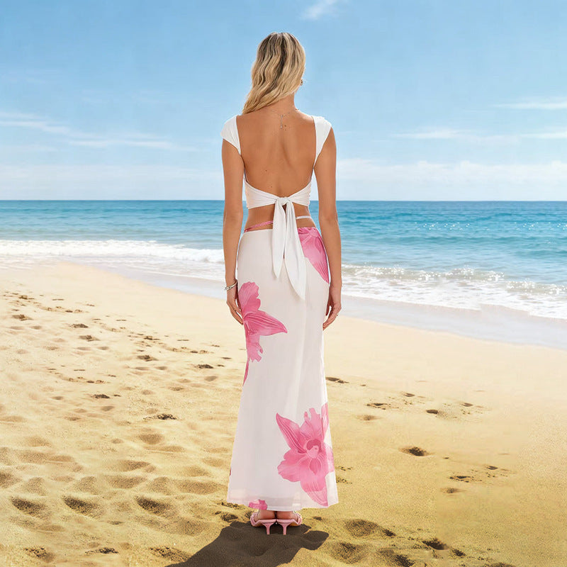 Summer Women's Beach Vacation Double-layer Tie-draped Skirt