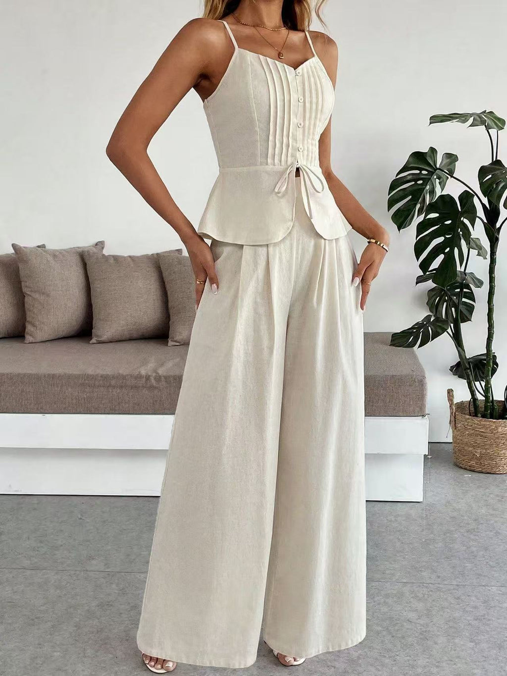 Fashion Suspenders Vest High Waist Wide Leg Pants Two-piece Set