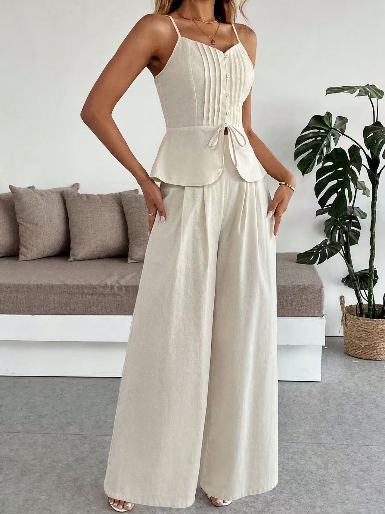 Fashion Suspenders Vest High Waist Wide Leg Pants Two-piece Set