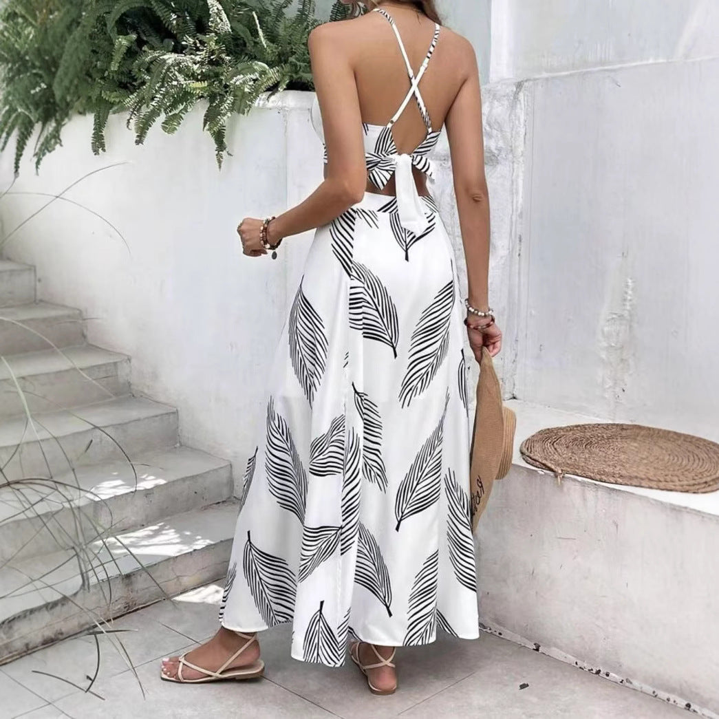 Holiday Floral Print Elegant Two-piece Set Overall Dress Set