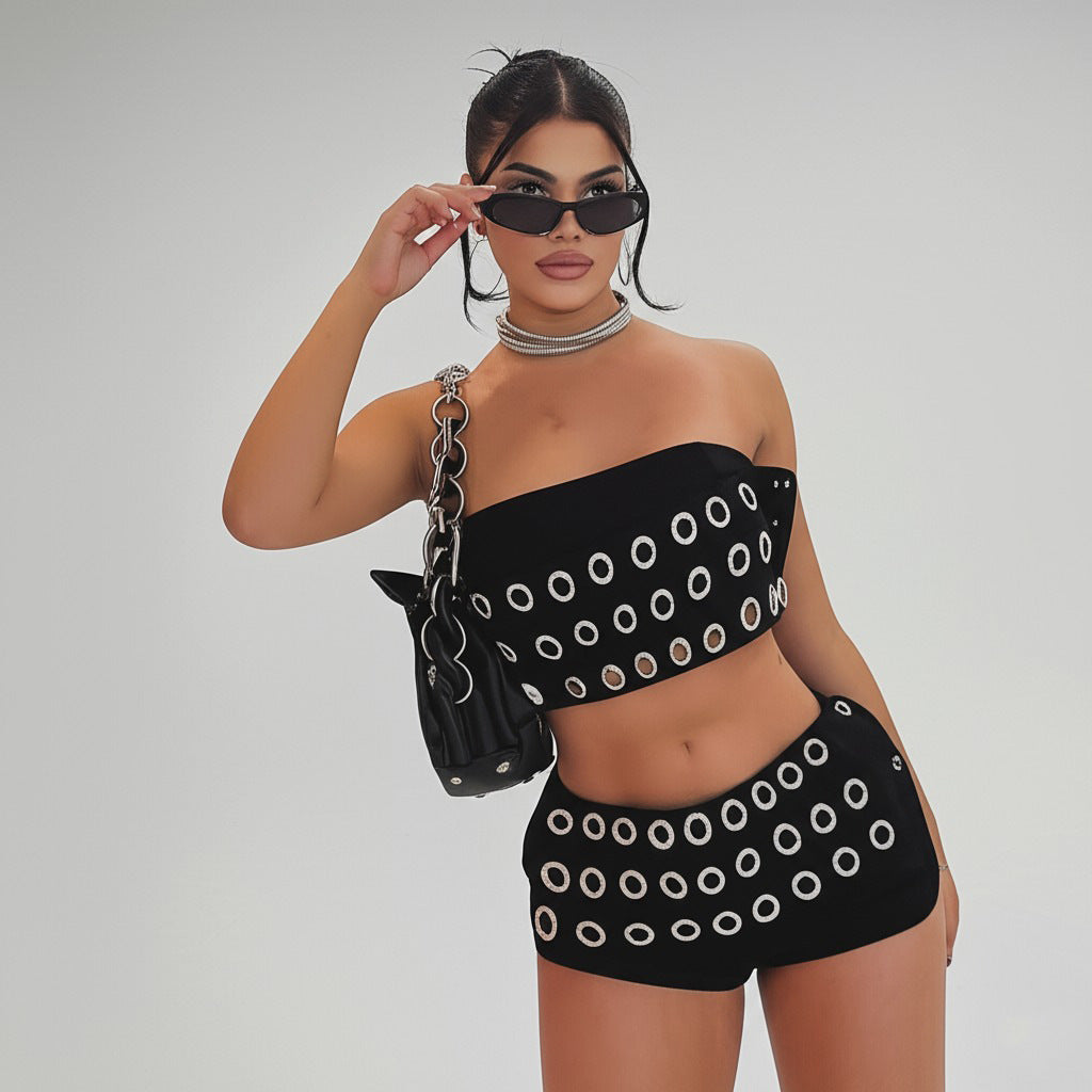 Punk Suit Female Gothic Hollow Tube Top Shorts