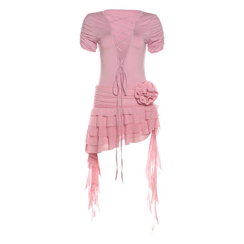 Hot Girl Unique Design Deep V Lace-up Irregular Dress Women