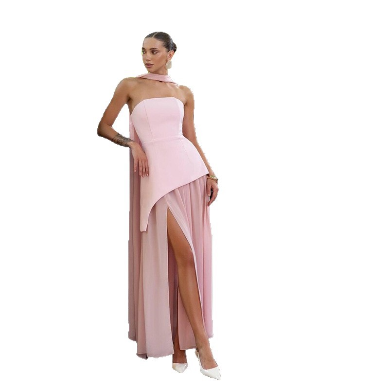 Solid-Color Strapless Dress With Fluttering Ties And A Slit