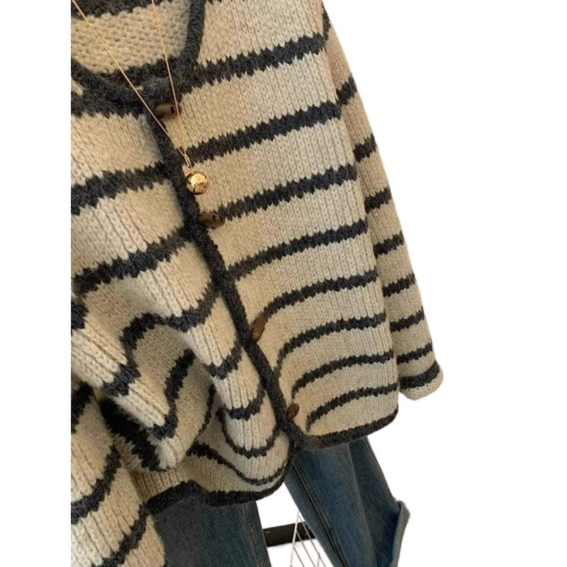 Vintage Stripe Knitted Coat For Women Autumn And Winter