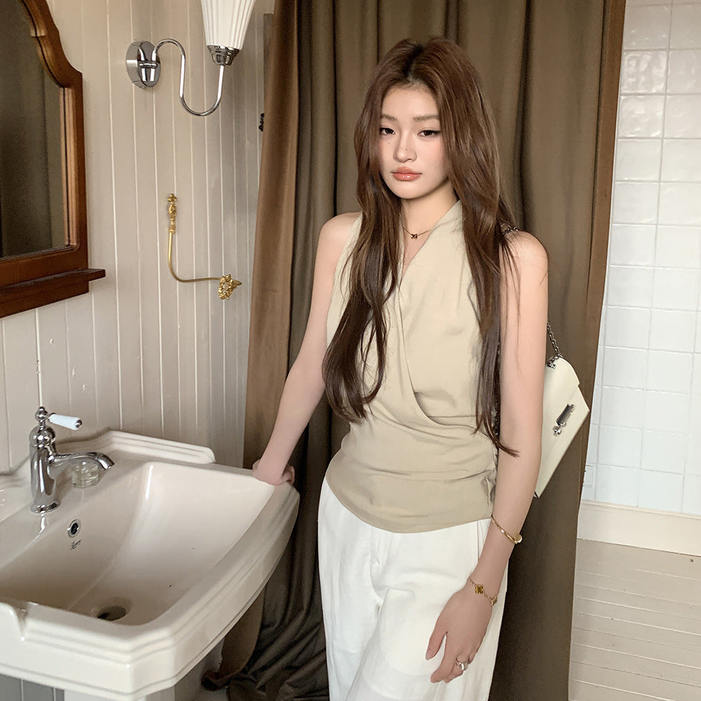 Solid Graceful And Fashionable V-neck Vest Strap Sleeveless Shirt