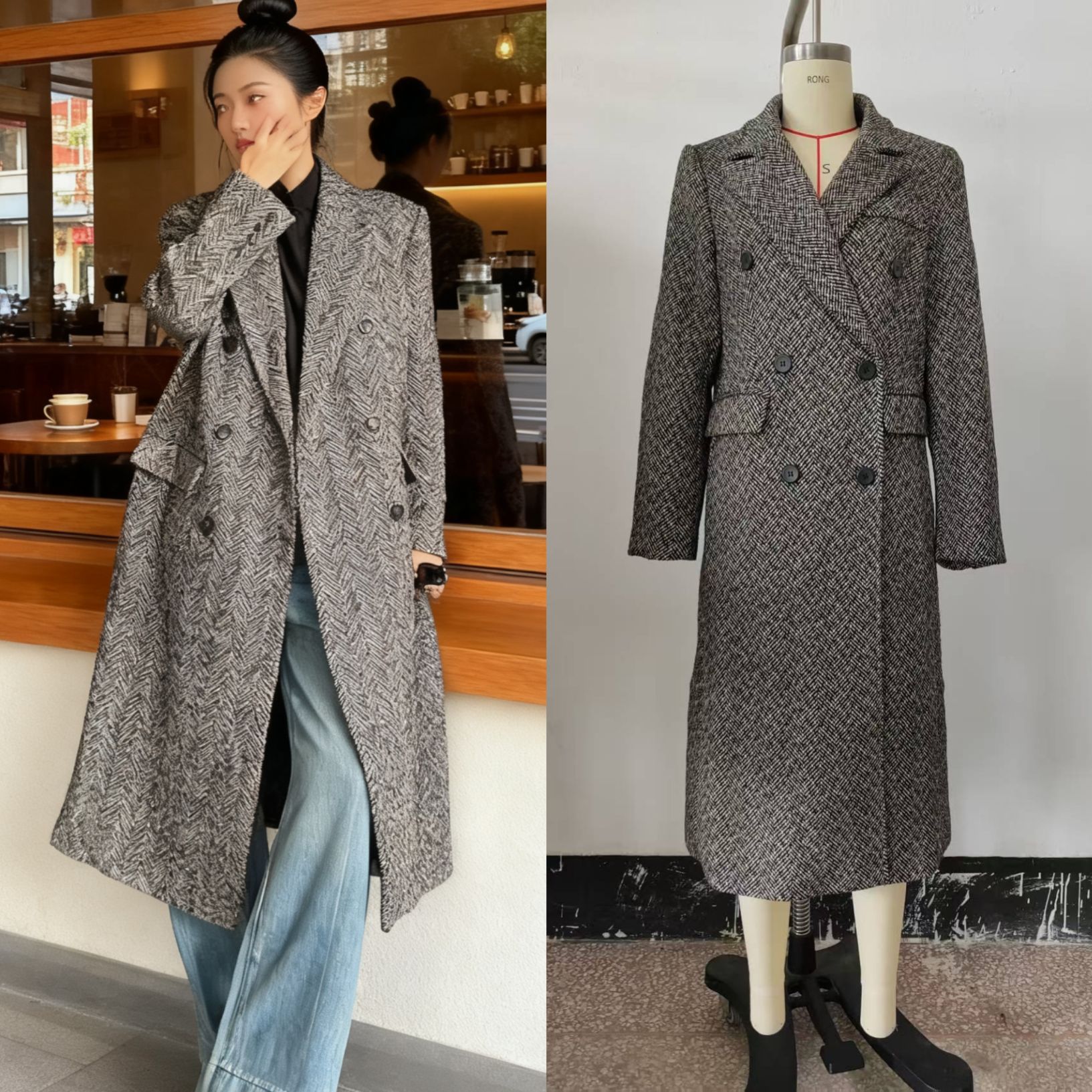 Womens British-style Commuter Herringbone Loose Wool Coat