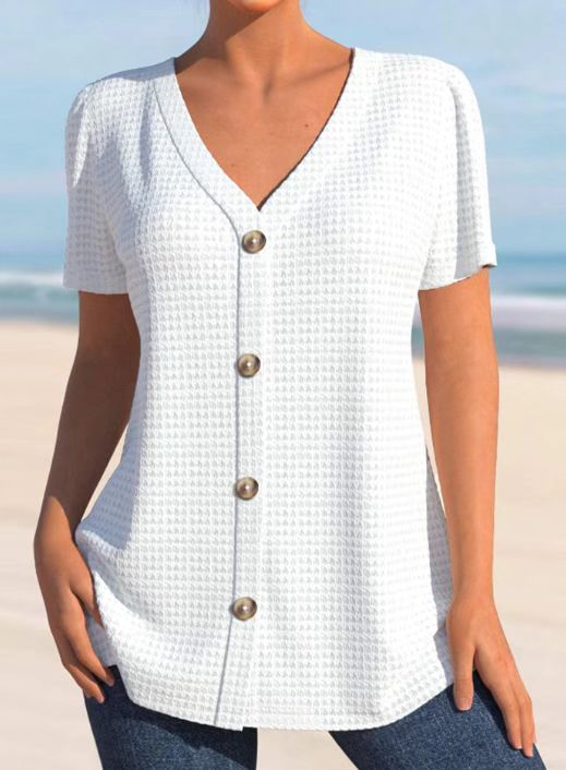 European And American Solid Color Buttons V-neck Short Sleeve Loose Casual Top