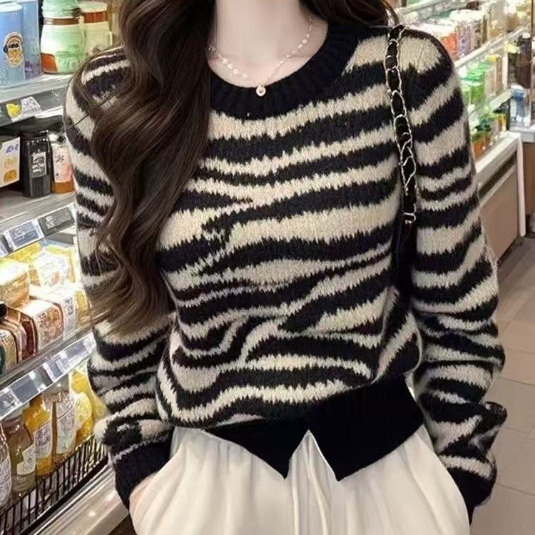 Retro Stunning Black Zebra-Print Crew-Neck Long-Sleeve Sweater
