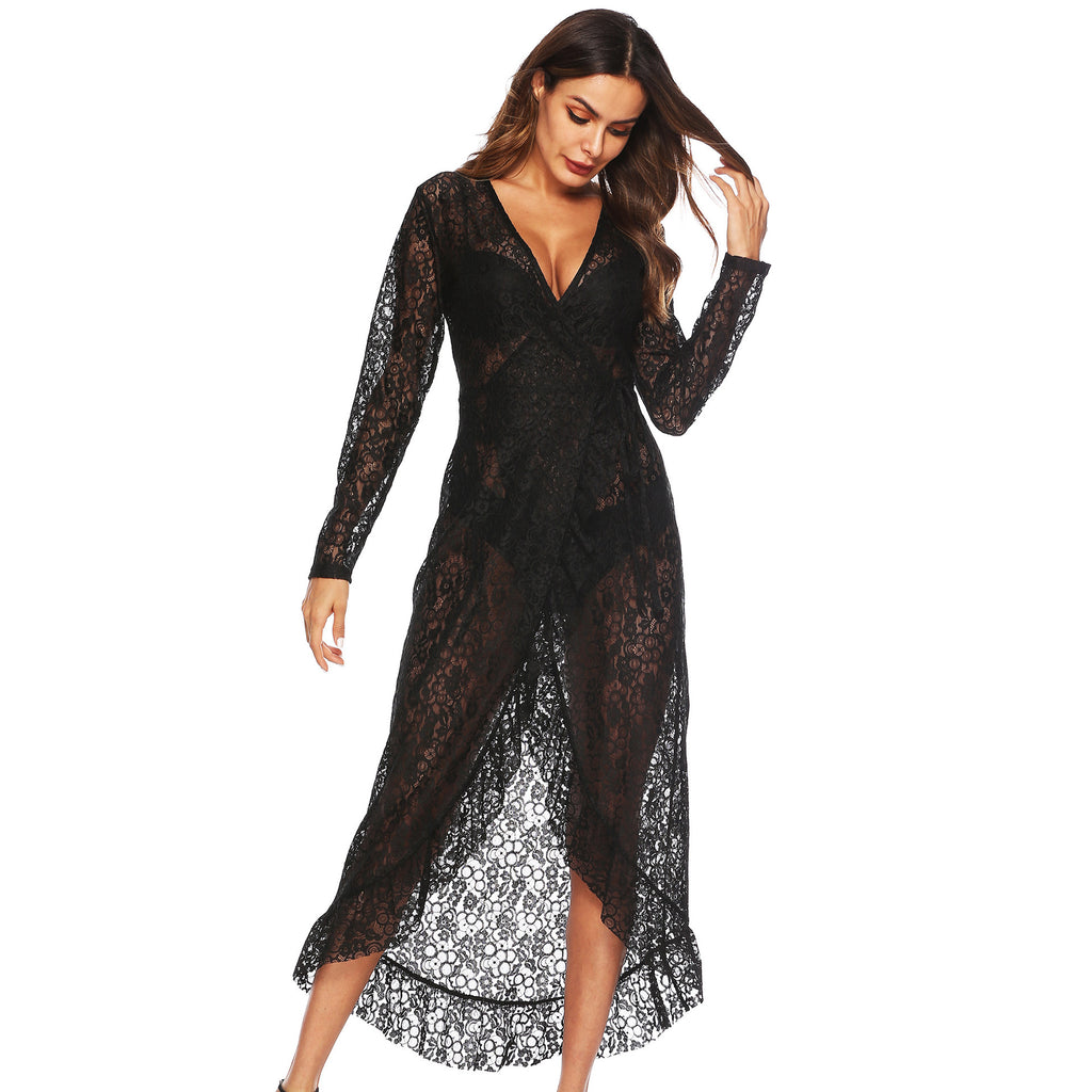 Sexy See-through Lace Deep V Irregular Ruffles Tied Long Sleeves Dress