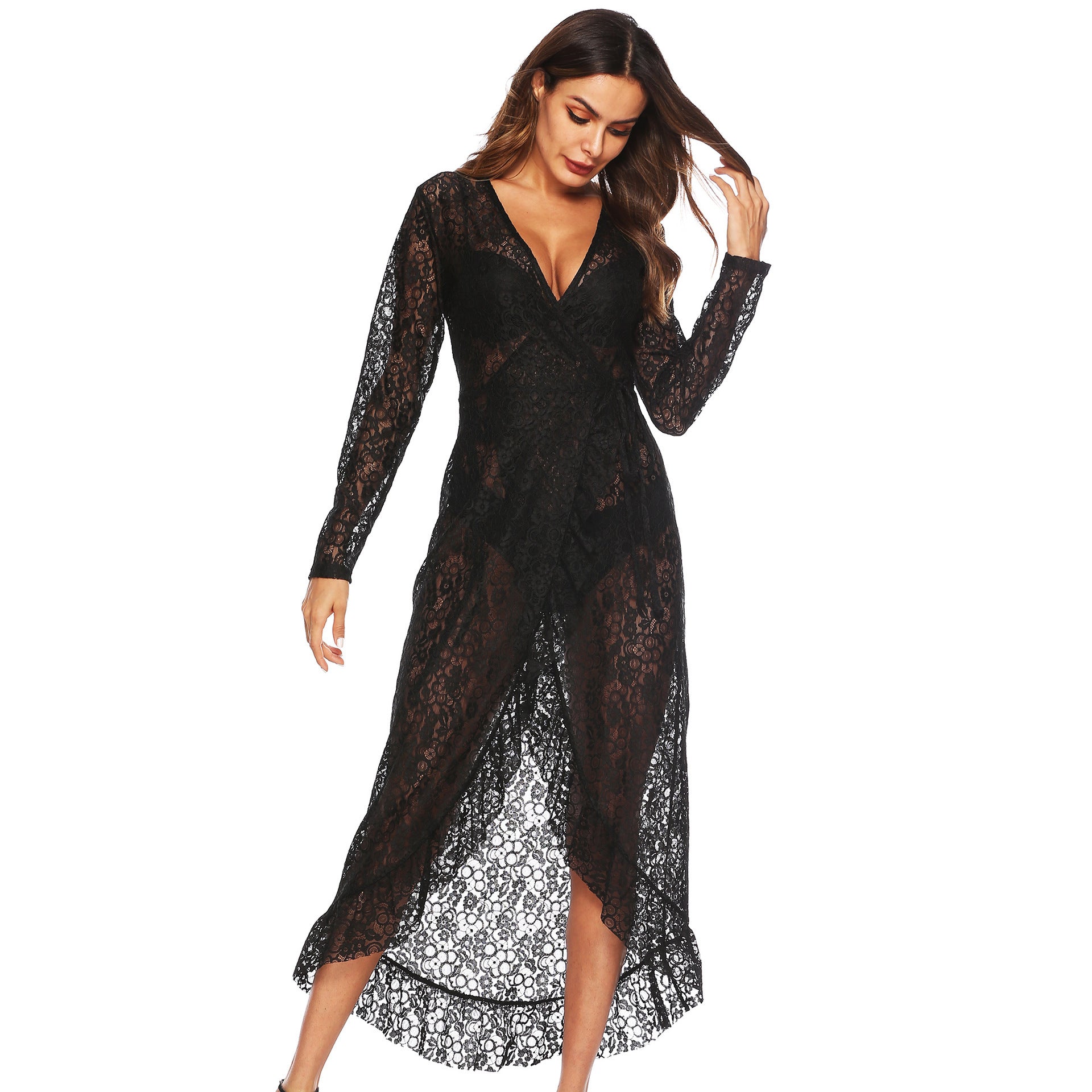 Sexy See-through Lace Deep V Irregular Ruffles Tied Long Sleeves Dress