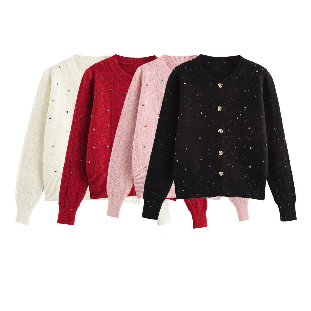 European And American Style Fashion Sequin Colorful Crystals Love Button Knitted Cardigan Jacket
