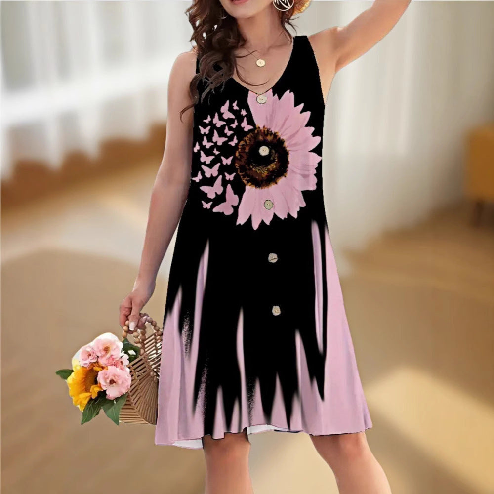 Women's Loose Sleeveless Twisted Button Printed Dress