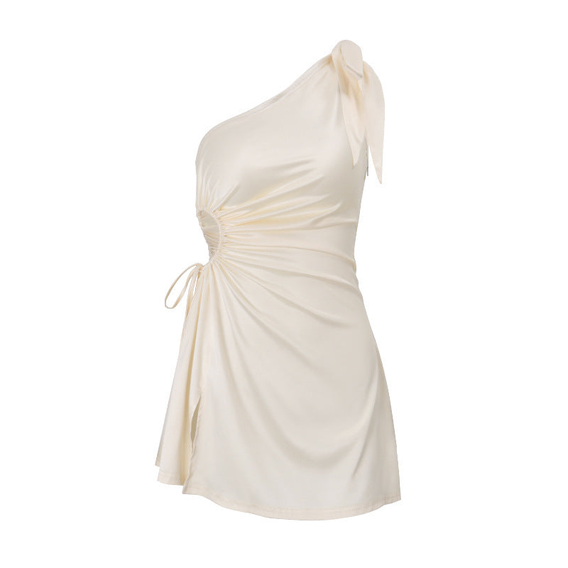 French Style Crossbody Bow Waist Slit Temperament Pure Color Dress