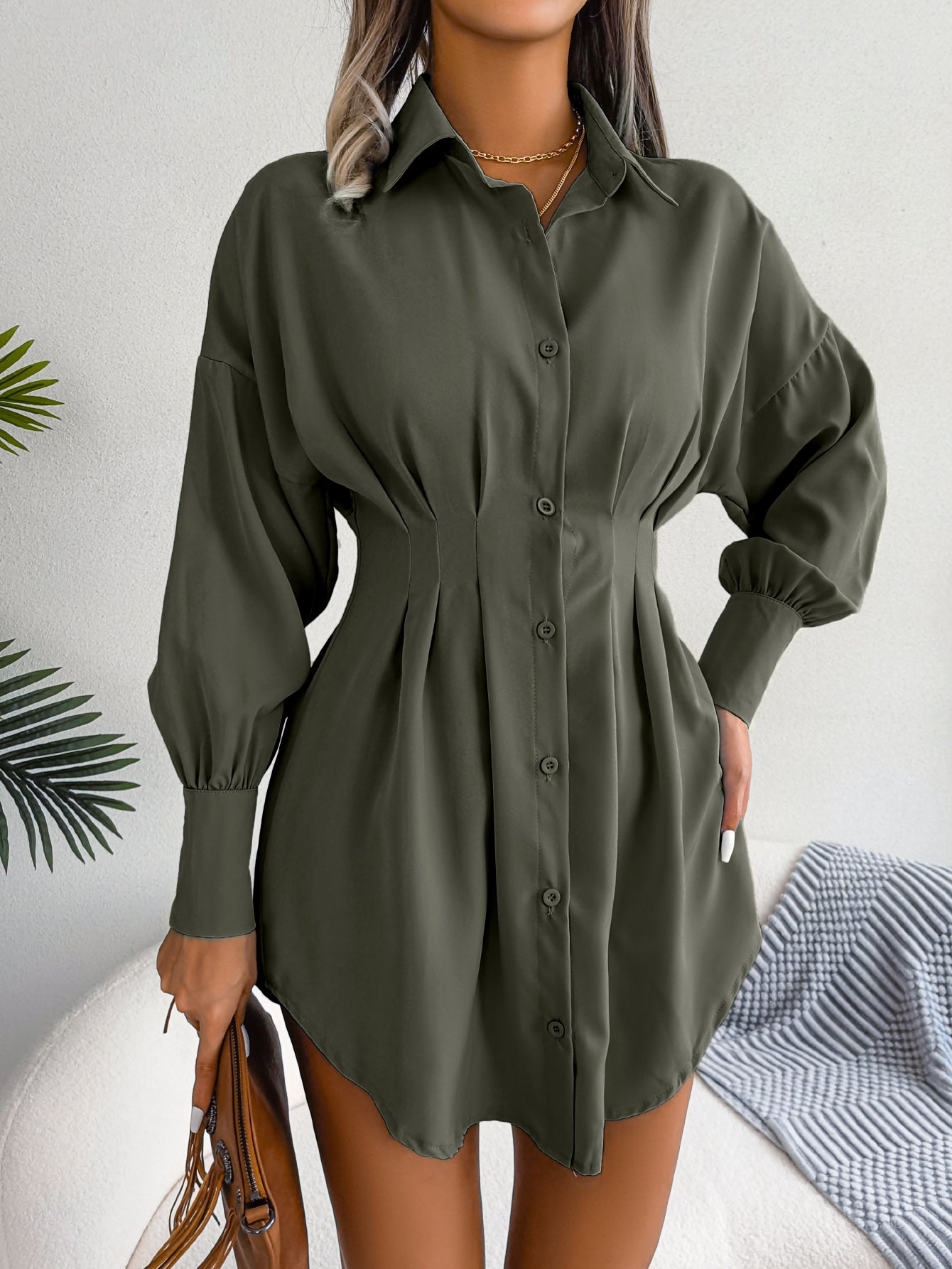 Casual Lantern Sleeve Tie Waist Asymmetric Shirt Dress