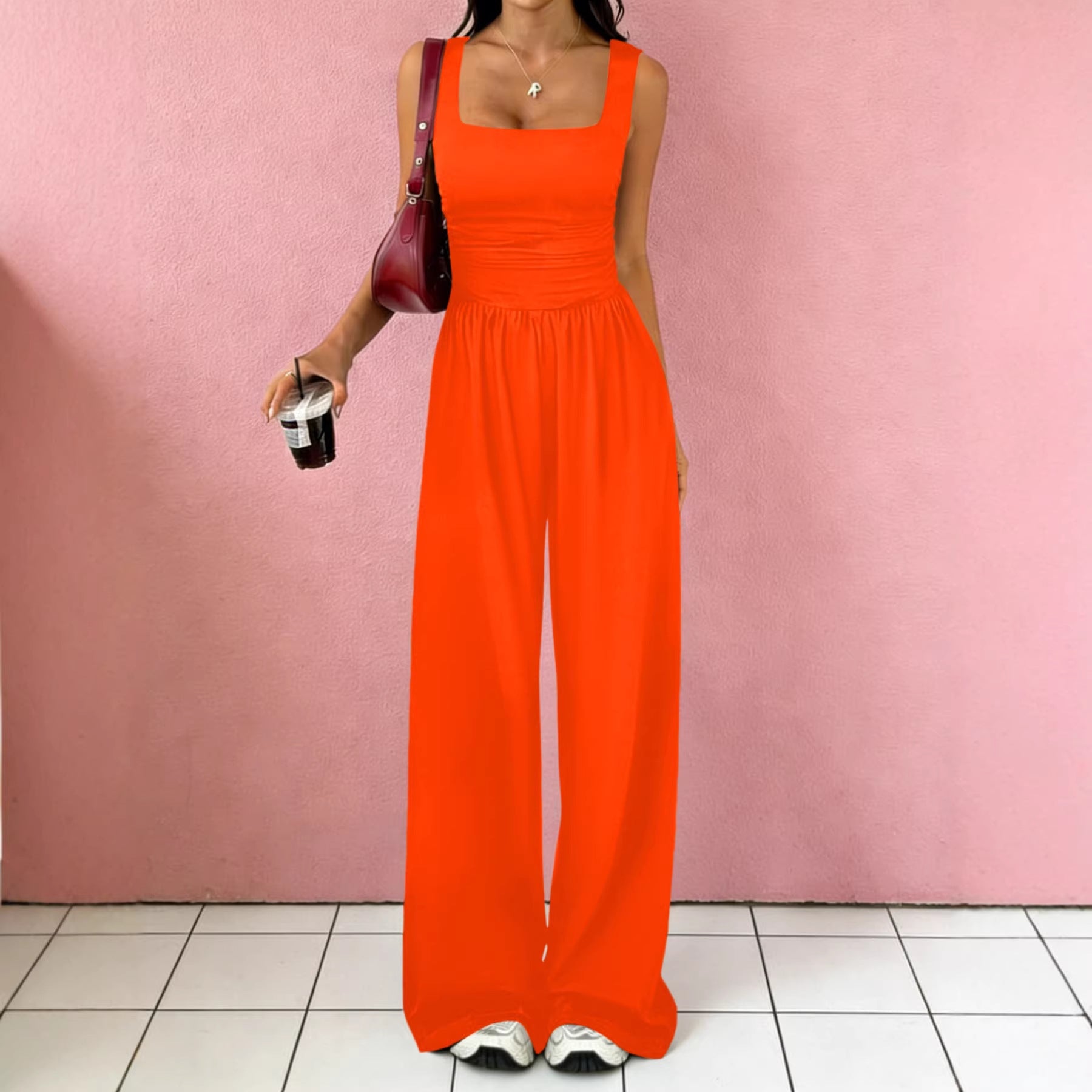 Solid-Color Sexy Tank Top Casual Wide-Leg Pants Two-Piece Set