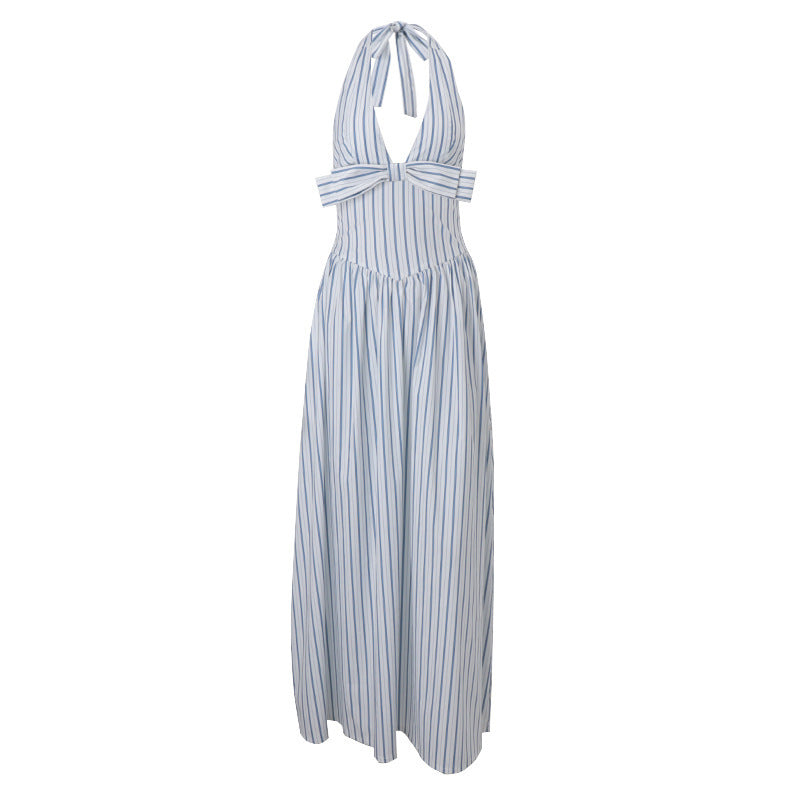 Pure Desire Style Striped Sexy V-neck Bow Halter Dress