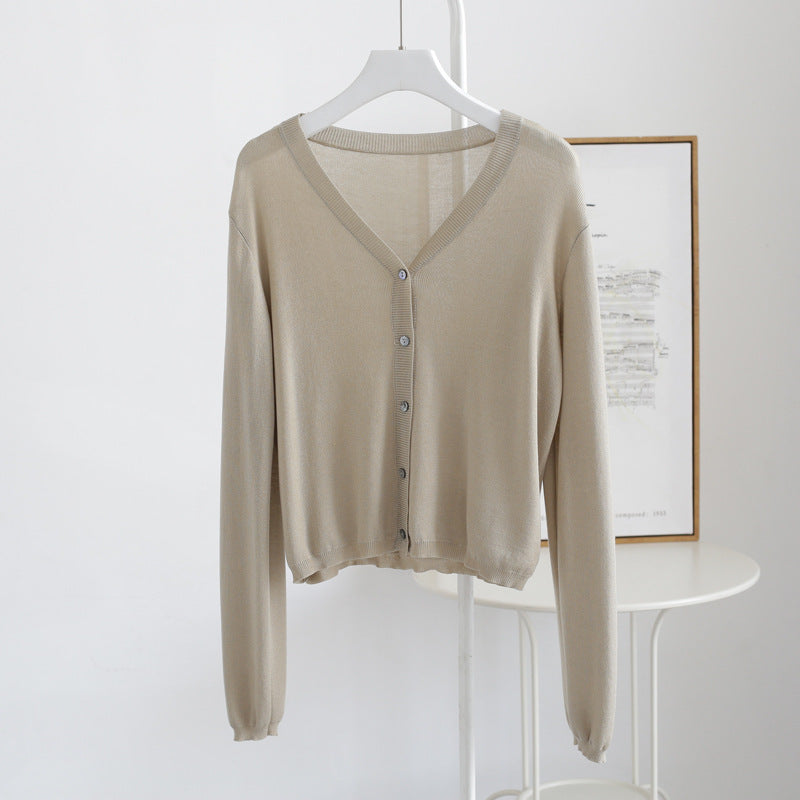 Spring And Summer V-neck Short Tencel Knitted Cardigan Pure Color All-matching