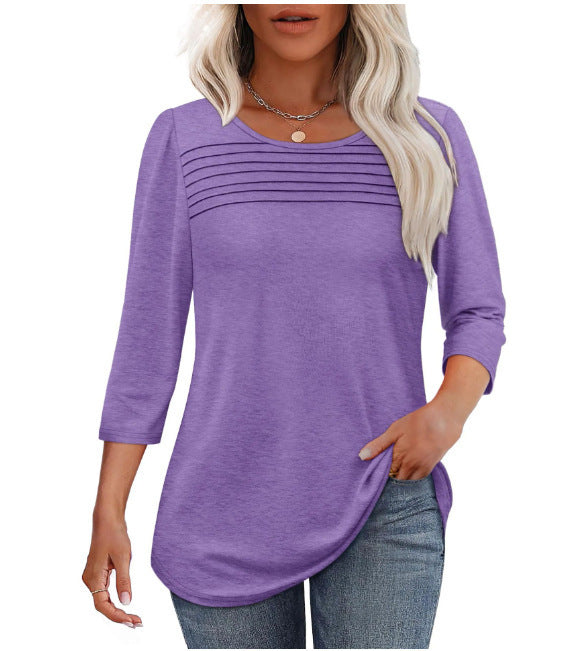 Ladies' Autumn And Winter Round Neck Three-quarters Sleeved Chest Tuck Line Pleated Top