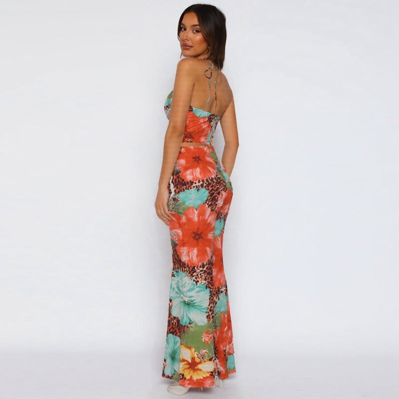 V-neck Halter Lace-up Camisole And High-waisted Midi Skirt Two-piece Set