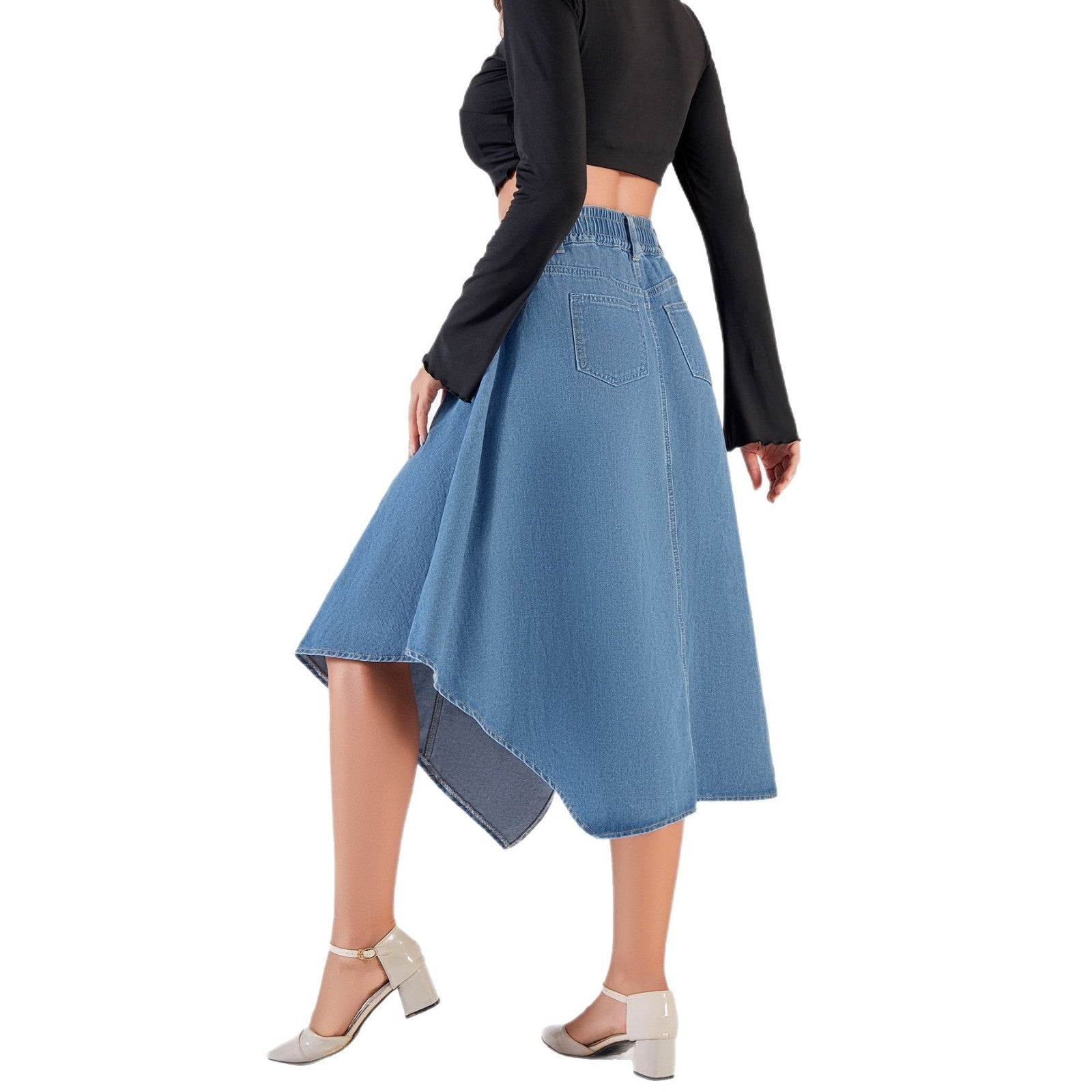Womens Solid-Color Irregular Denim Skirt High-Waisted Denim Skirt