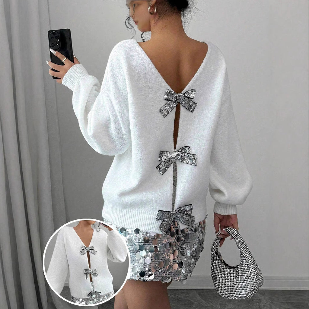 Fashionable Loose Knitted Sweater With Sequin Bow Accent