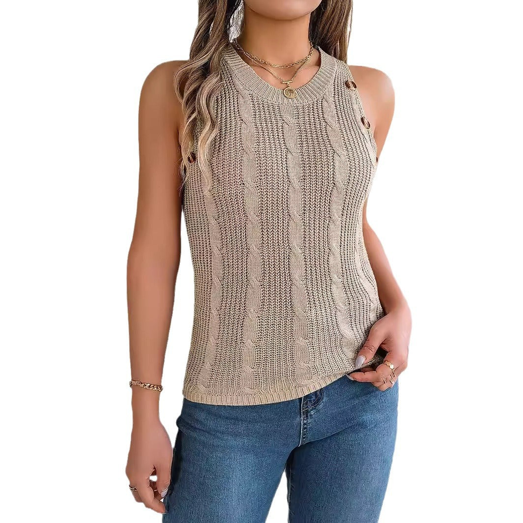 Sleeveless Knitted Resort Top With Buttons