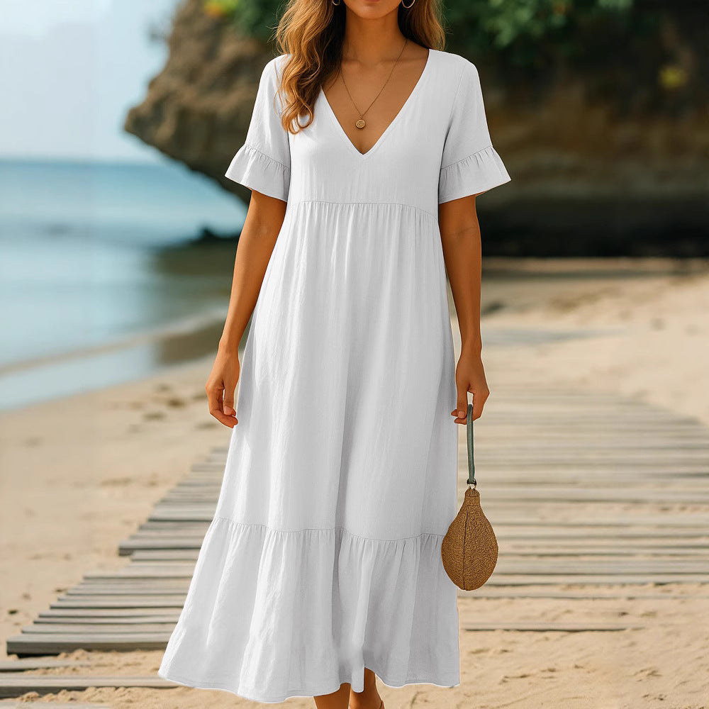 V-neck Solid Color Multicolor Women's Stitching Dress