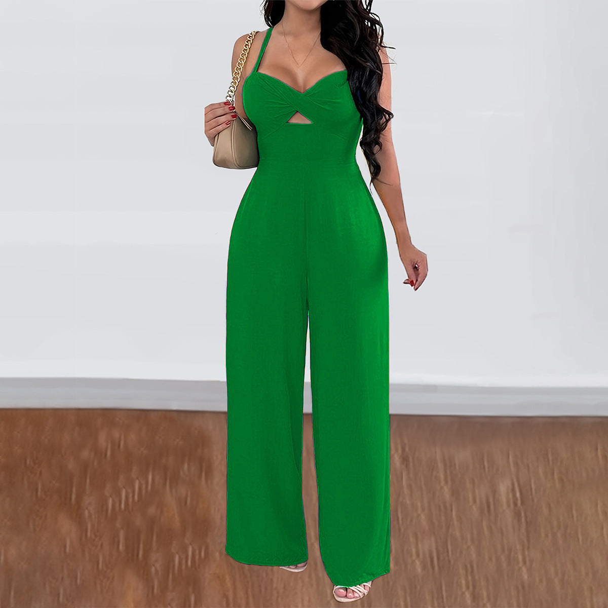 Leisure Vacation Commute Style Solid Color Sling Wide Leg Jumpsuit For Women