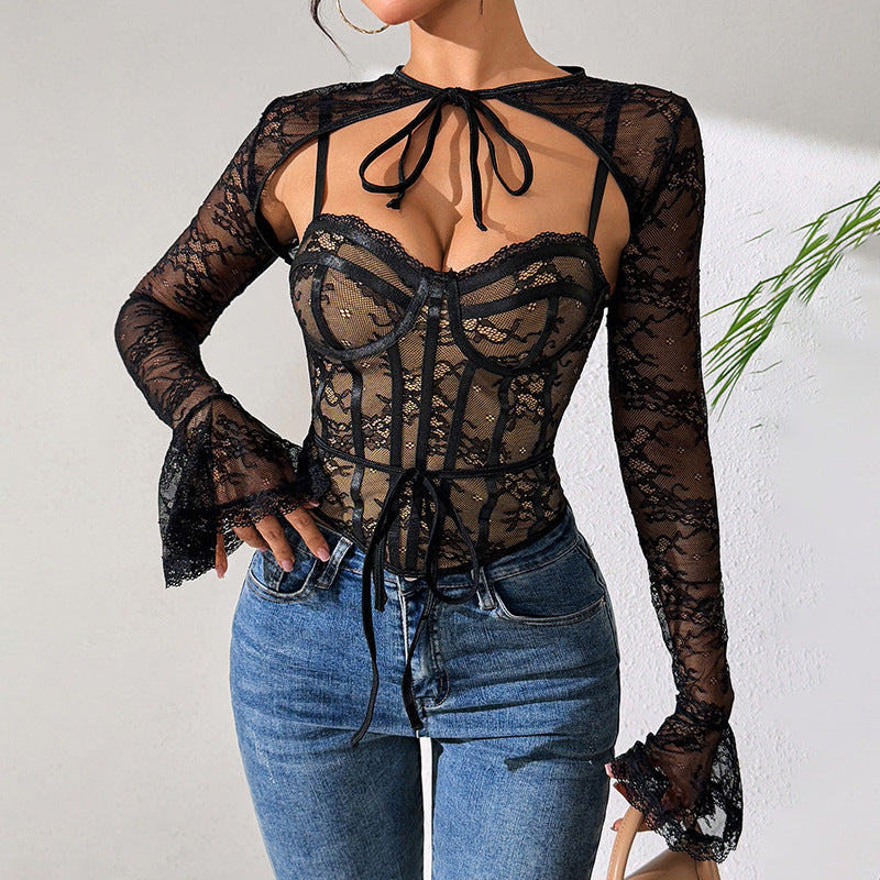 Mesh See-through Backless Long Sleeves Shawl New Two-piece Suit
