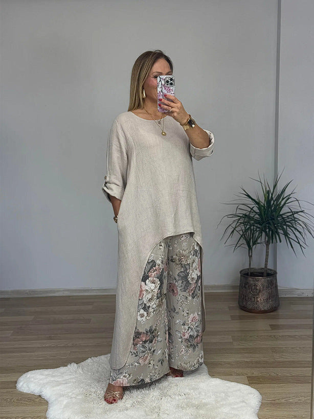 Women's Casual Cotton Linen Irregular Top Wide Leg Pants With Pockets Suit