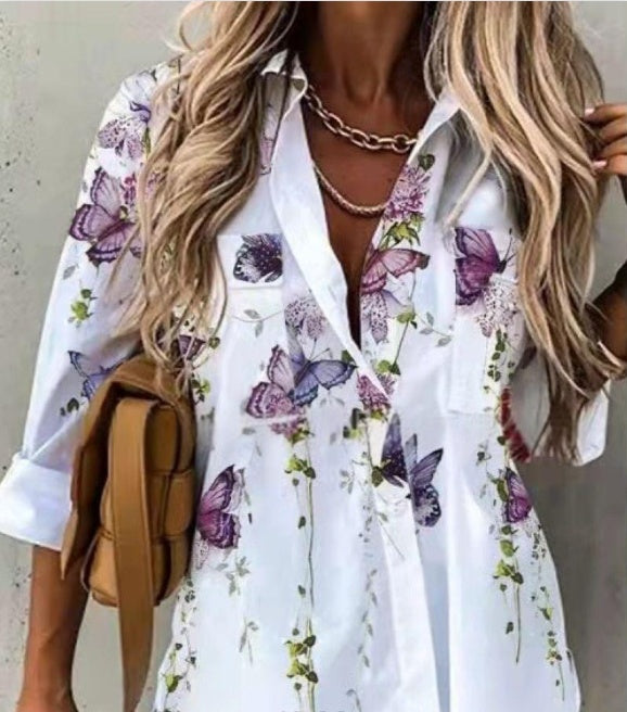 Spring And Summer New Fashionable Printed Collar Long Sleeved Shirt For Women