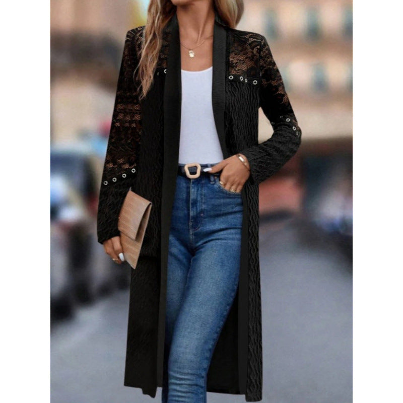 Solid Color Lace Hollow-Out Long Coat