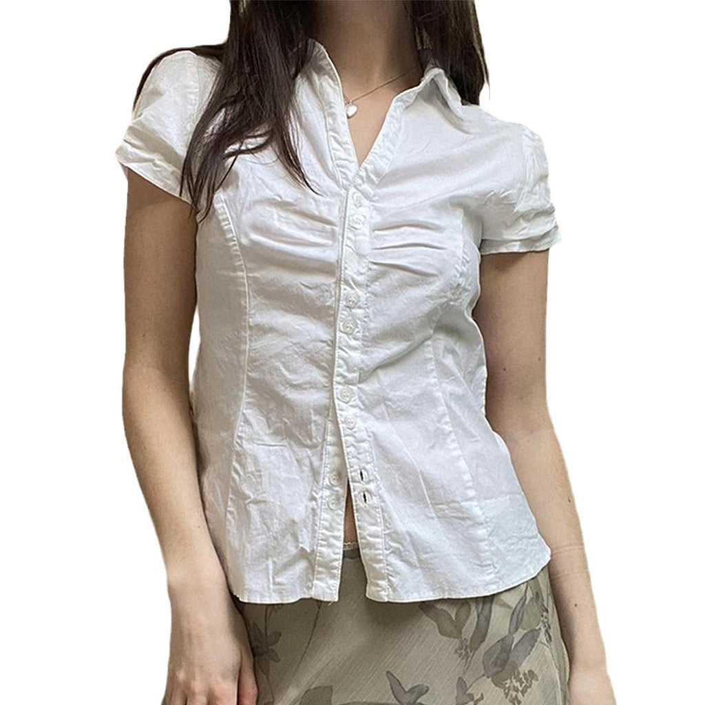 Pleated Stitching Lapel Short-sleeved Shirt Easy Matching Waisted Slimming College Top