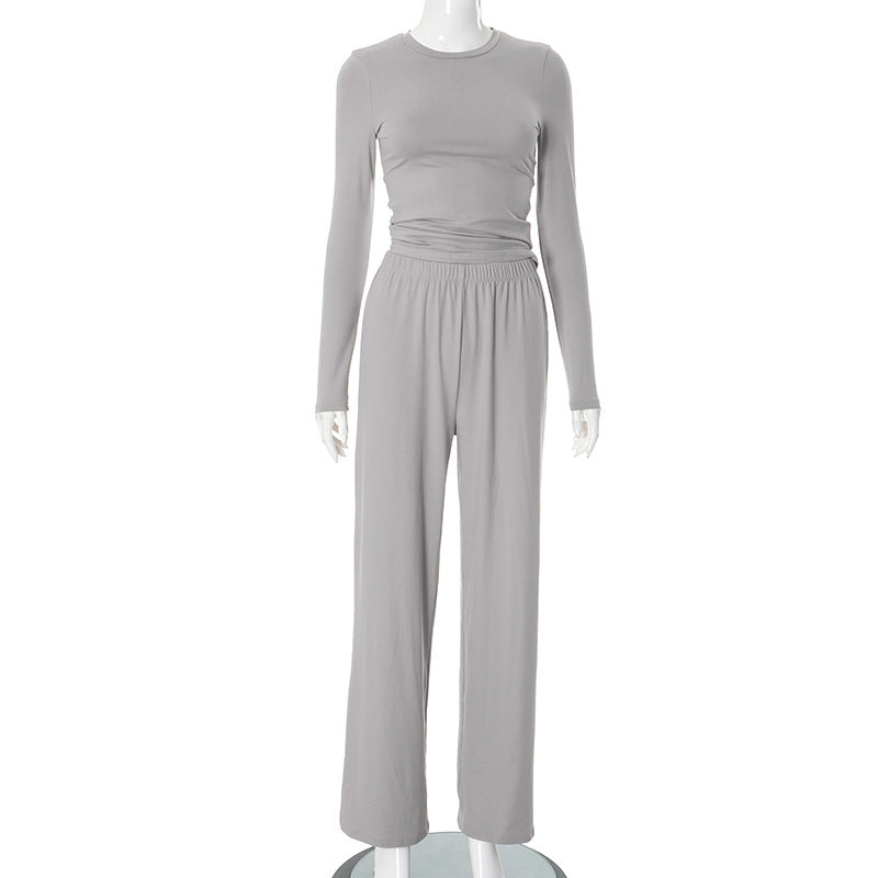 European And American Solid Color Long-sleeved Top Wide Leg Pants Suit Women