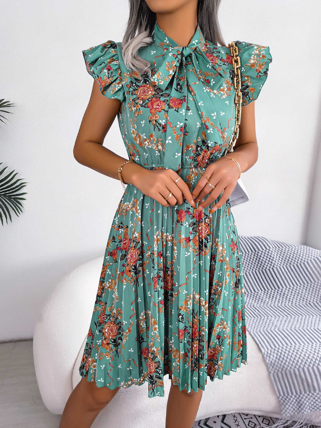 Elegant Floral Print Tie Waist Flowy Pleated Skirt