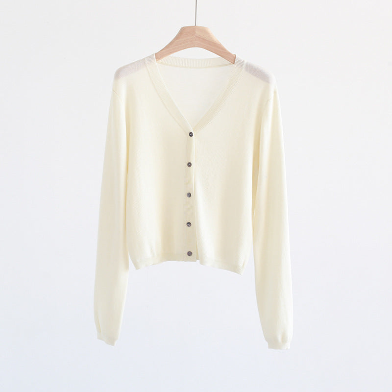 Spring And Summer V-neck Short Tencel Knitted Cardigan Pure Color All-matching
